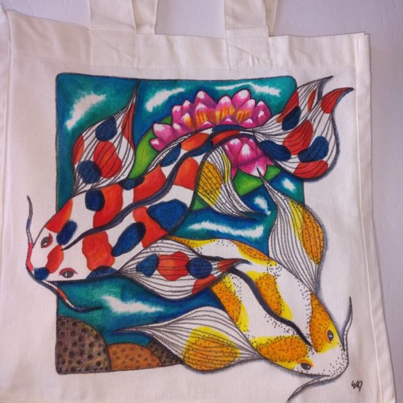 Handmade Tote Bag With Two Hand Painted Butterfly Koi Fish in Pond With Lotus - Picture 9 of 15